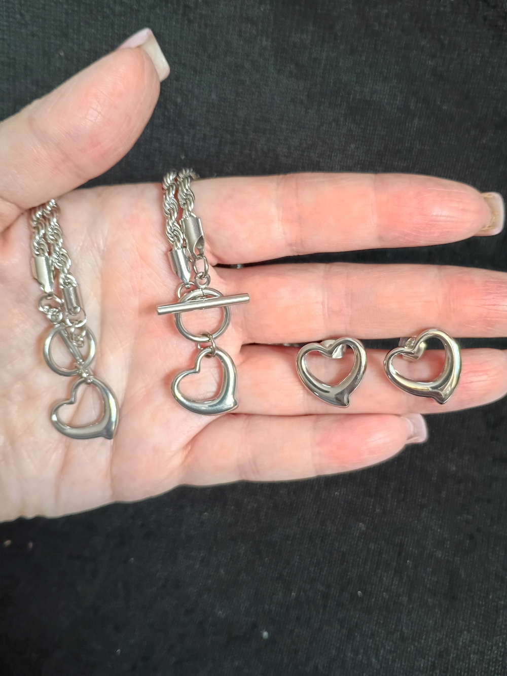 Sterling-Look Open Heart Necklace and Earrings Set in Silver